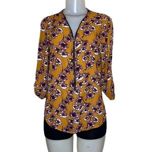 Women's Mustard Floral Zip-Front Blouse Size M